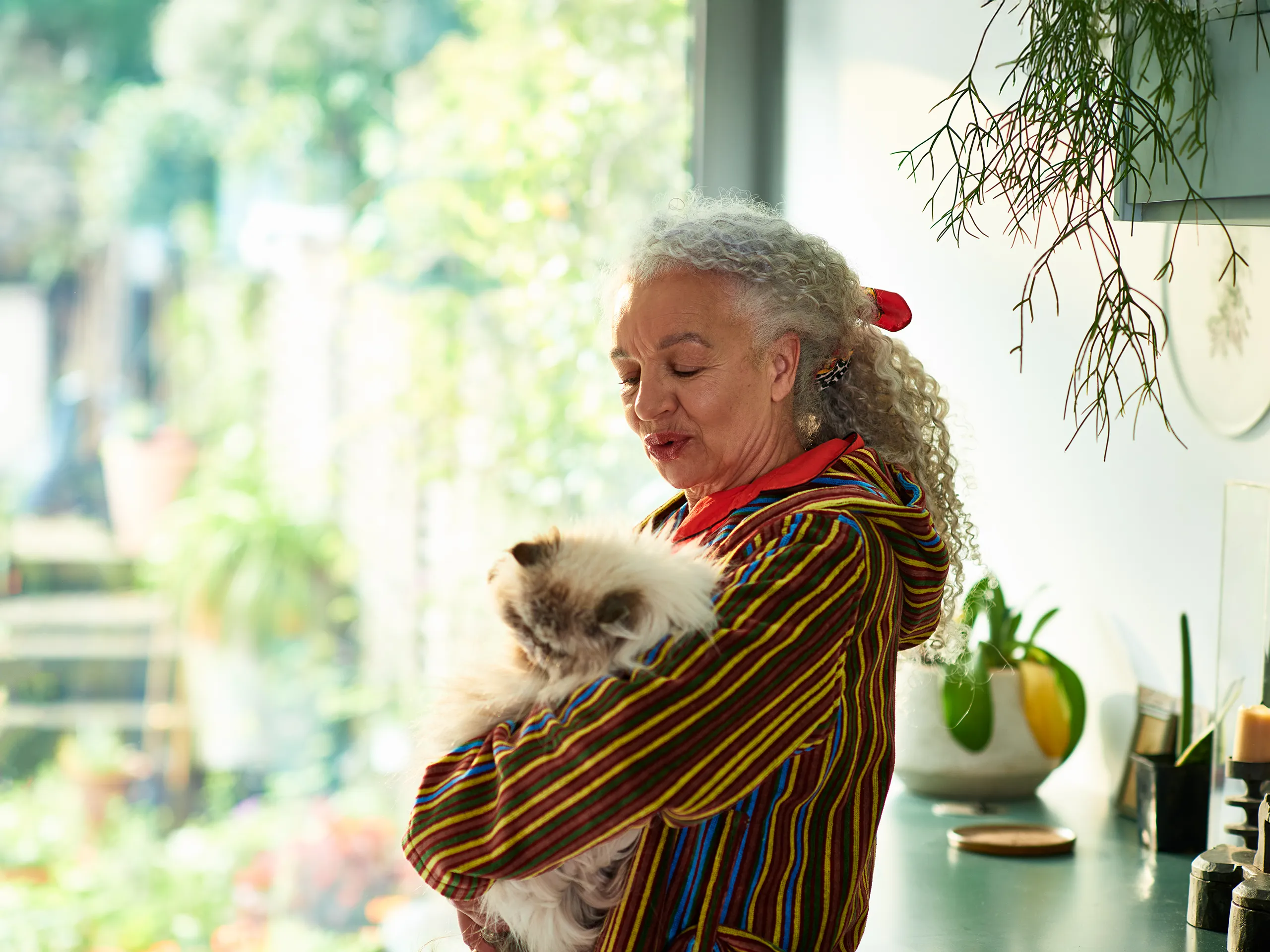Ältere Frau mit lockigem Haar hält eine flauschige Katze in einer sonnigen Küche.