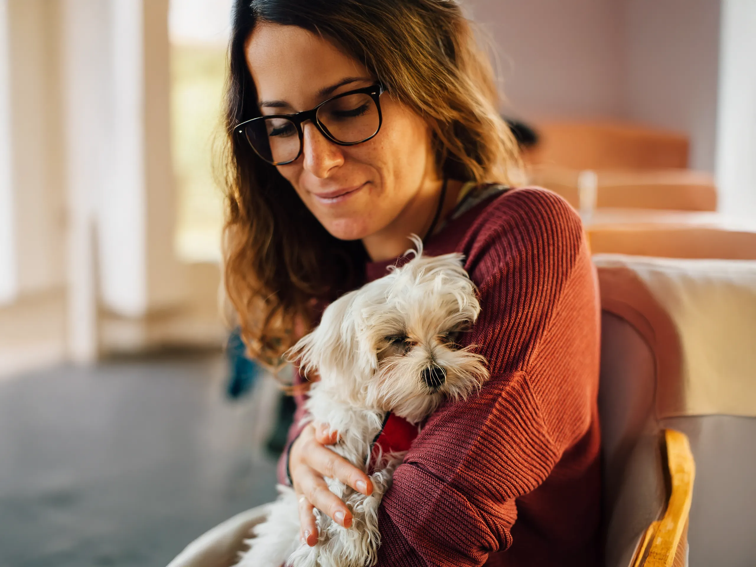 Frau mit Brille und braunen Haaren hält einen kleinen weißen Hund auf dem Arm.