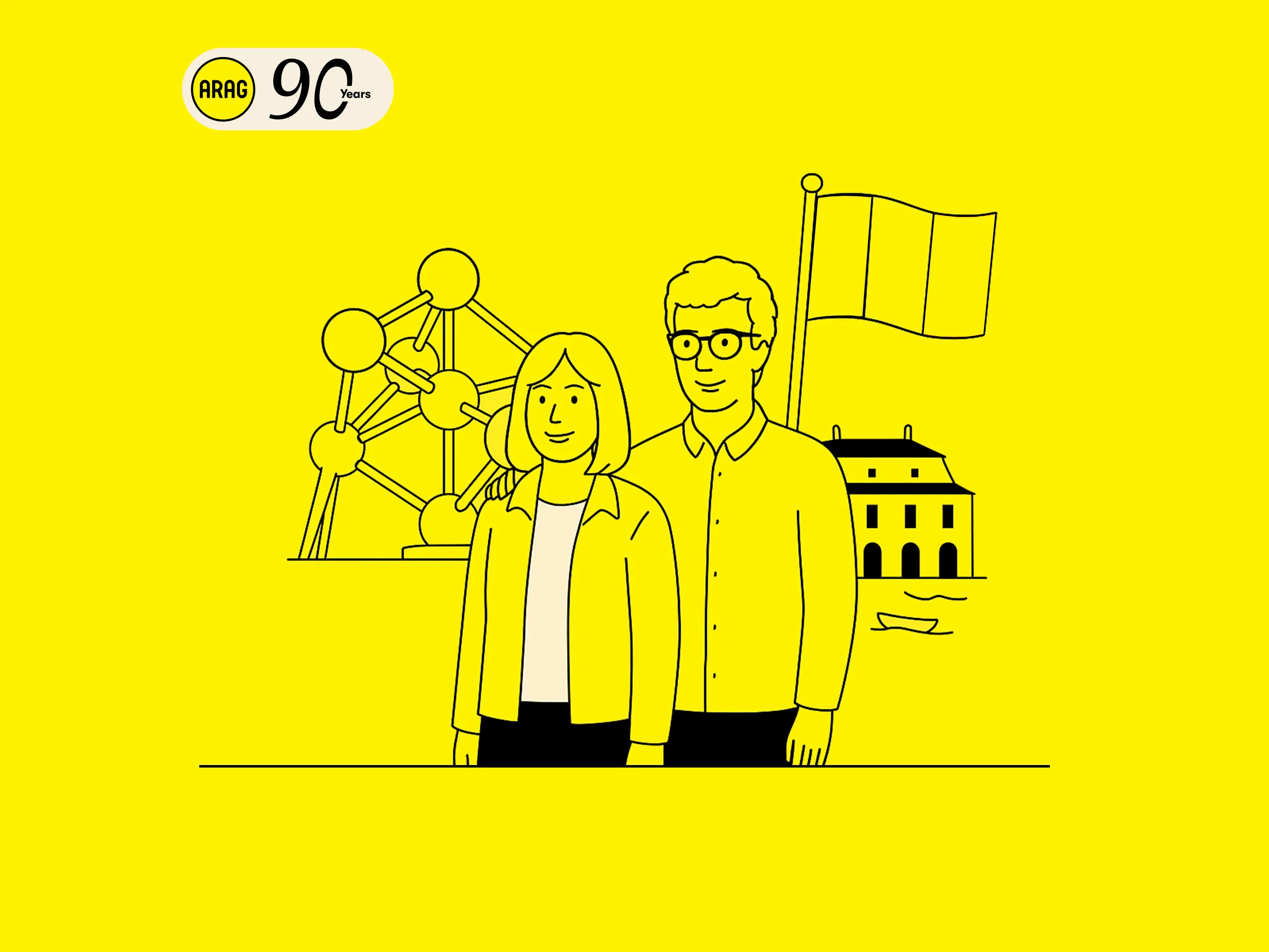 Illustration mit ARAG 90 Jahre Logo, belgischer Flagge und Atomium.