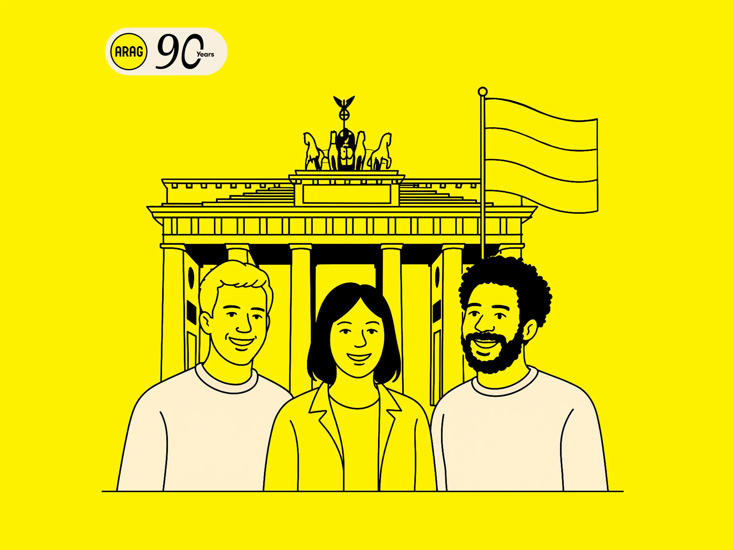 Illustration mit ARAG 90 Jahre Logo, Brandenburger Tor und deutscher Flagge.