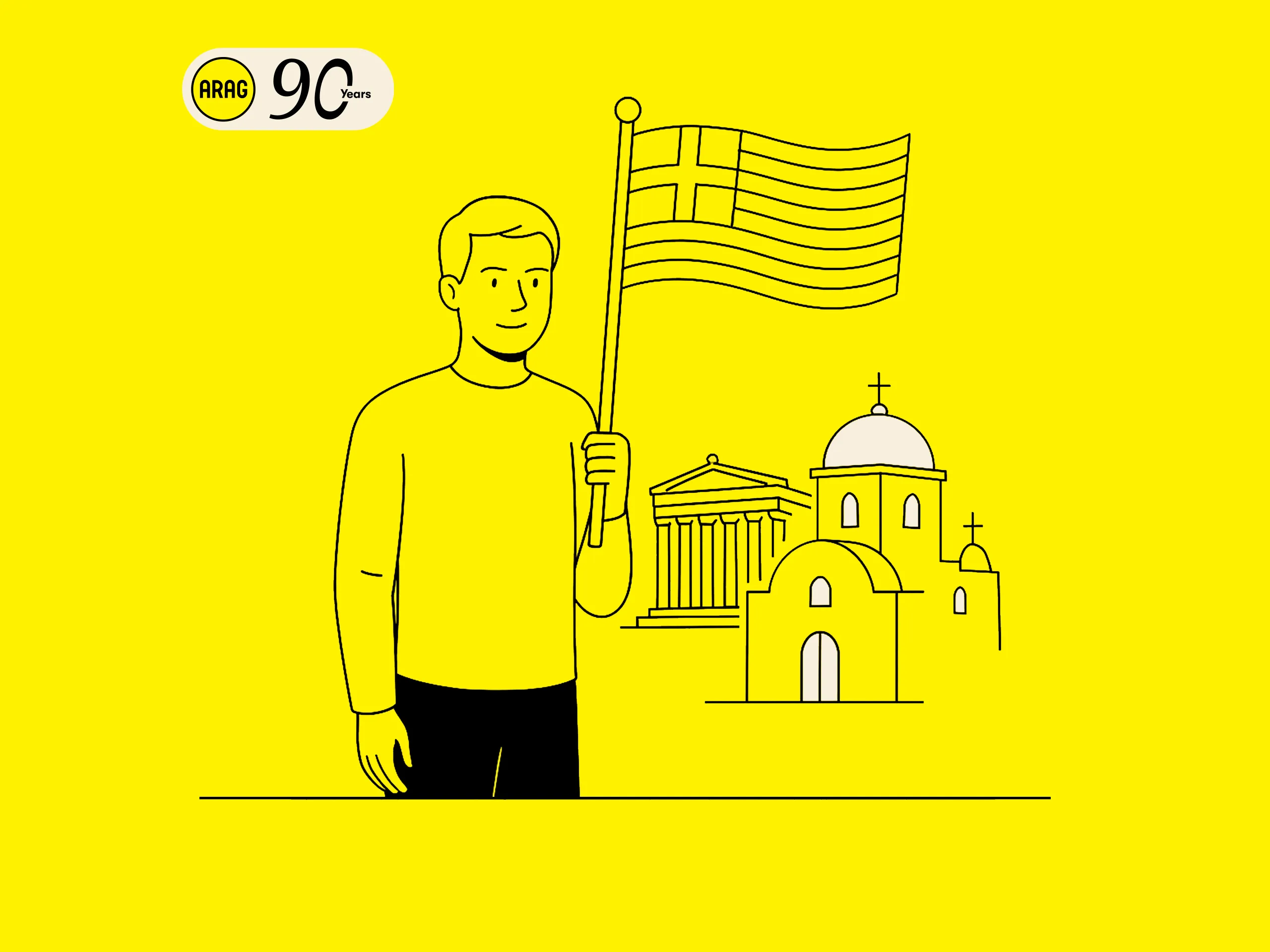 Illustration mit ARAG 90 Jahre Logo, griechischer Flagge und Akropolis.