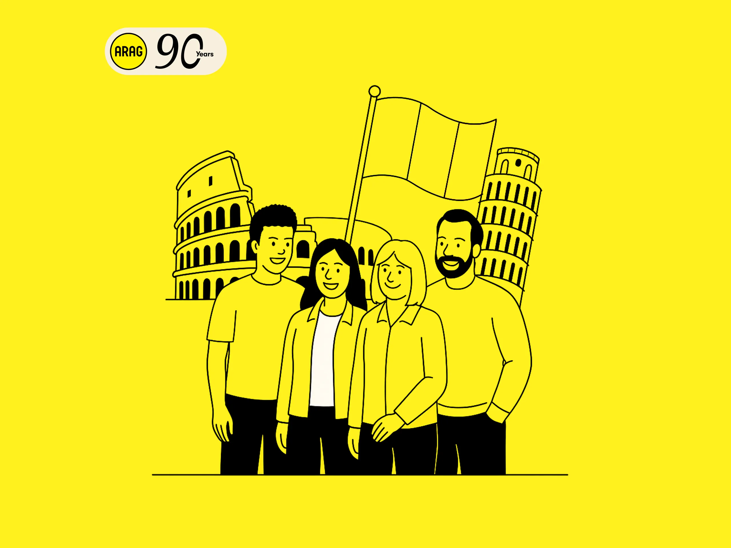 Illustration mit ARAG 90 Jahre Logo, italienischer Flagge, Kolosseum und Schiefem Turm.