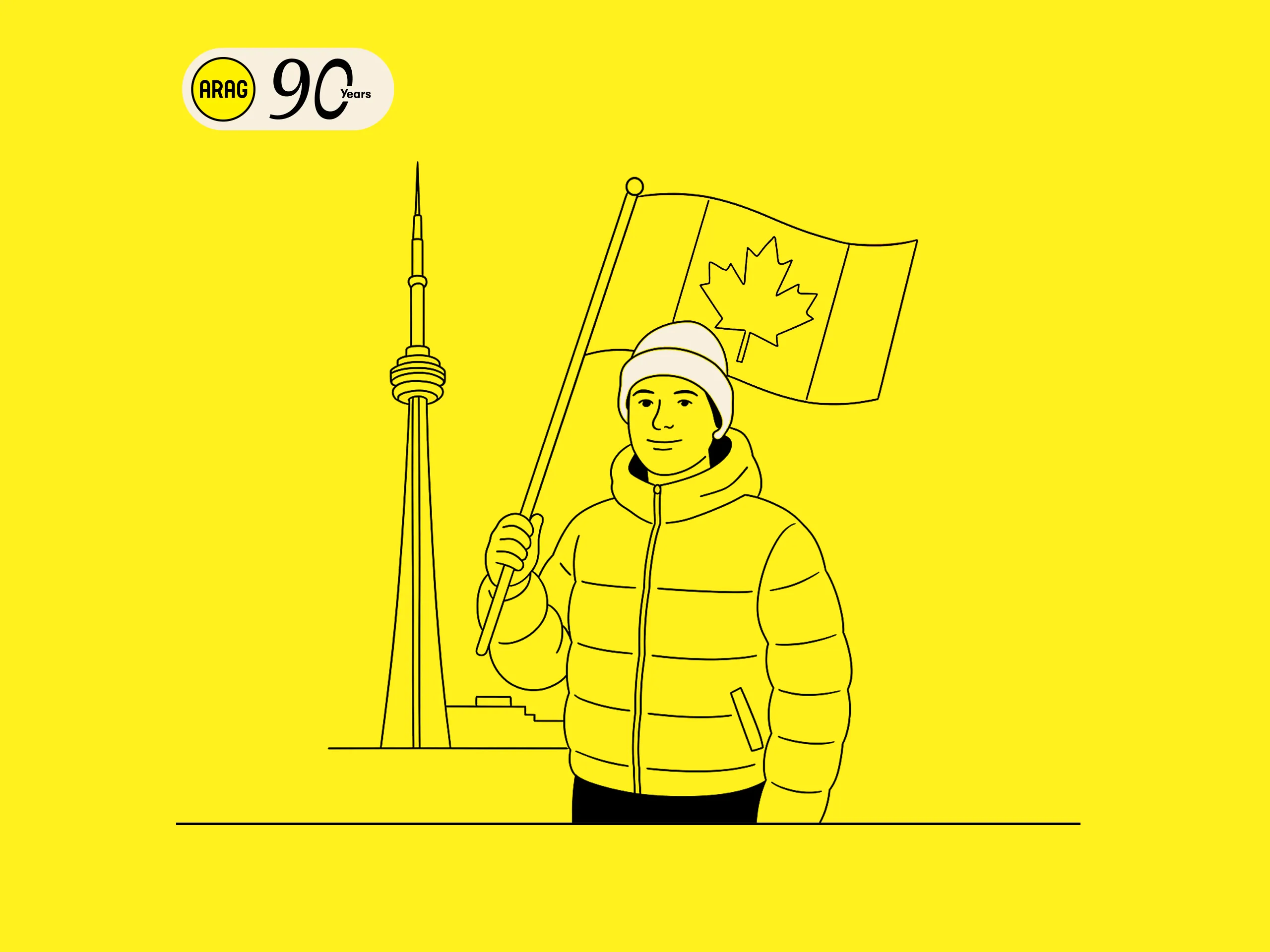 Illustration mit ARAG 90 Jahre Logo, kanadischer Flagge und CN Tower.