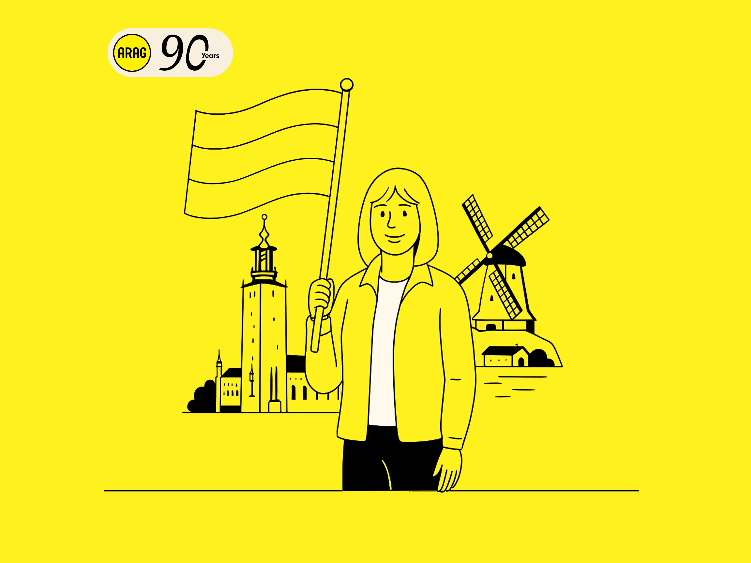 Illustration mit ARAG 90 Jahre Logo, niederländischer Flagge, Windmühle und Grachtenhäusern.