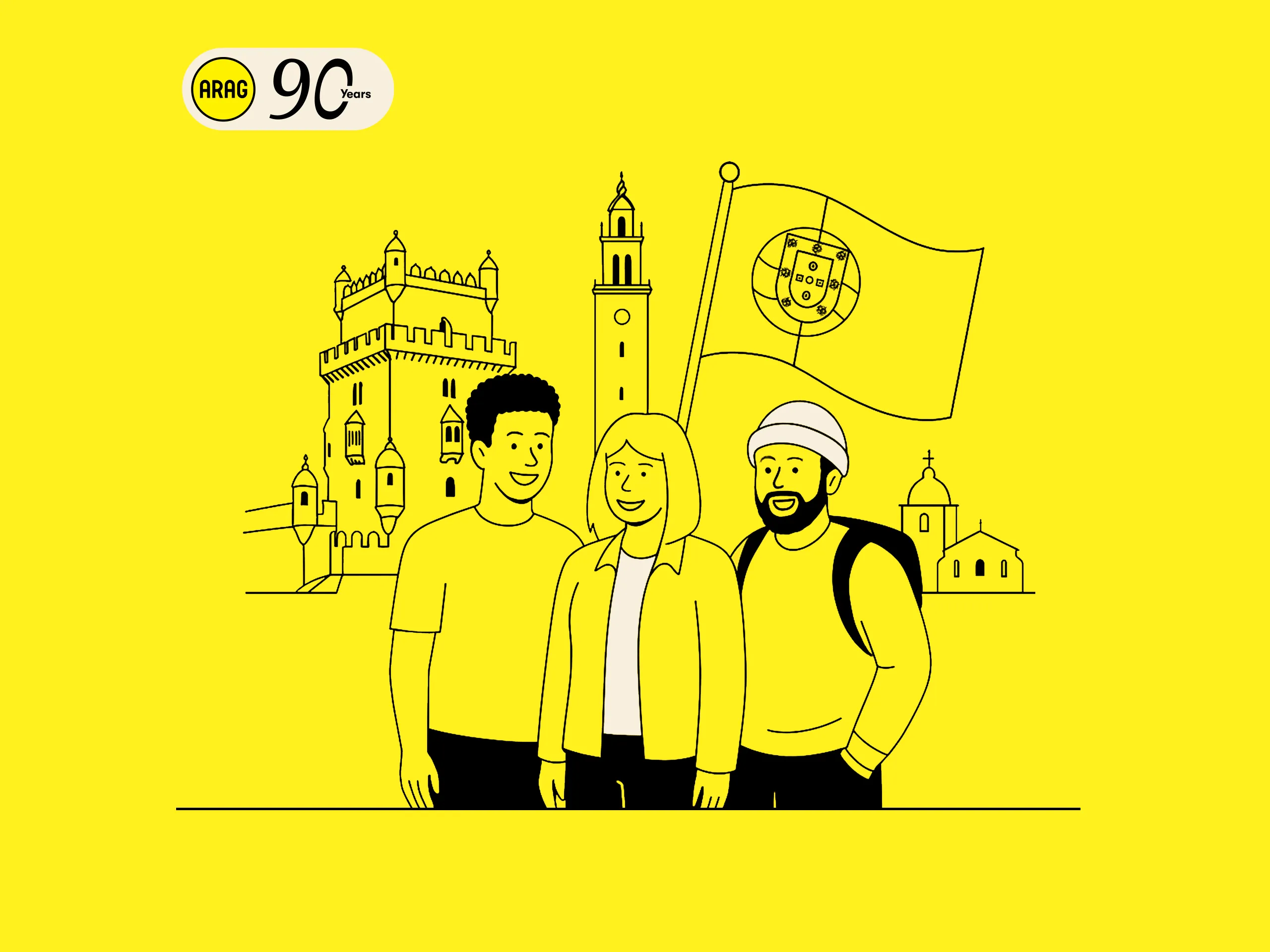 Illustration mit ARAG 90 Jahre Logo, portugiesischer Flagge und Torre de Belém.