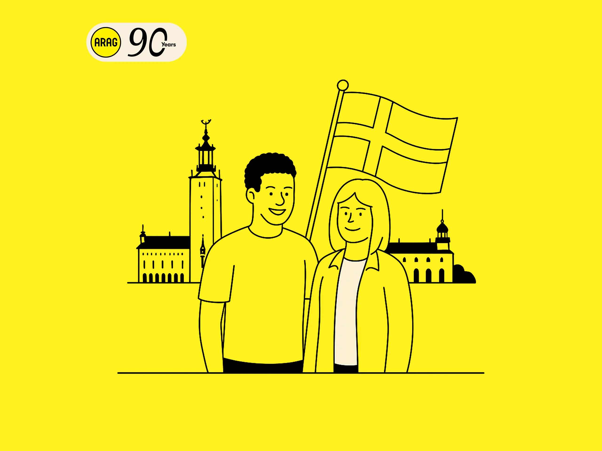 Illustration mit ARAG 90 Jahre Logo, schwedischer Flagge und Stockholmer Rathaus.