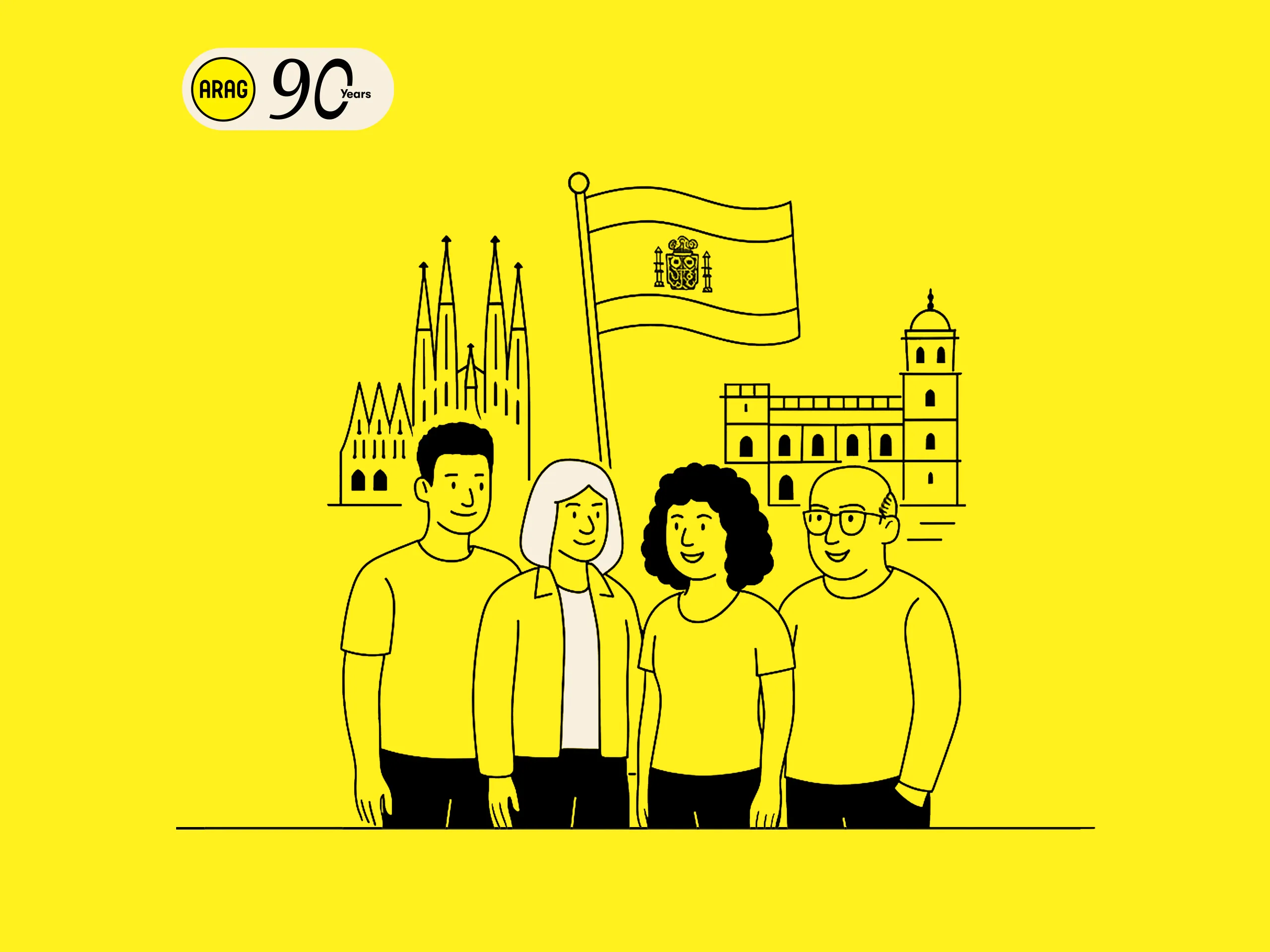 Illustration mit ARAG 90 Jahre Logo, spanischer Flagge, Sagrada Família und Plaza Mayor.
