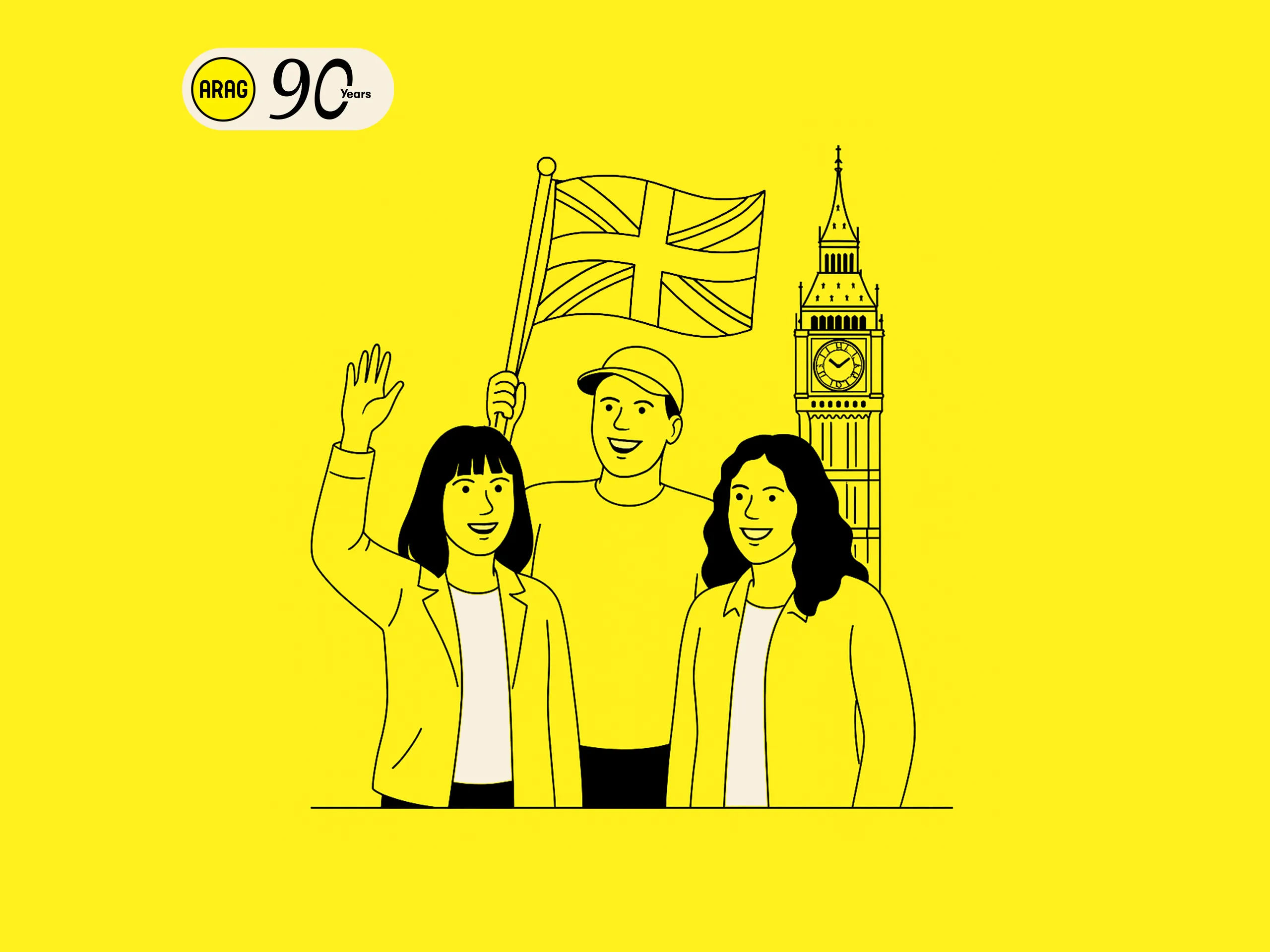 Illustration mit ARAG 90 Jahre Logo, britischer Flagge und Big Ben.