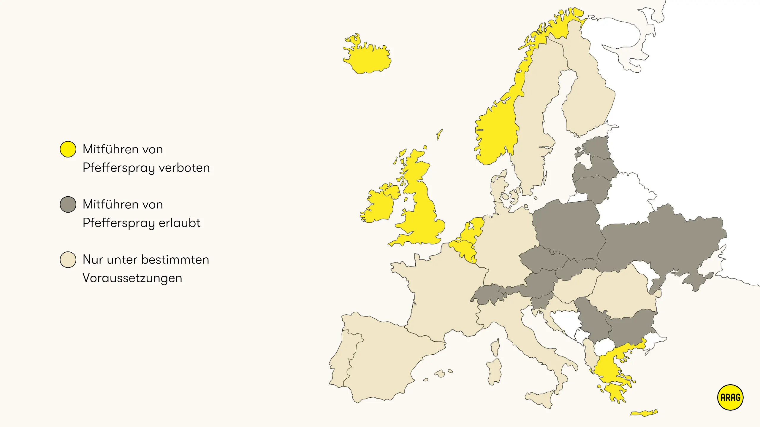 Europakarte mit Länderklassifizierung zur Legalität des Mitführens von Pfefferspray