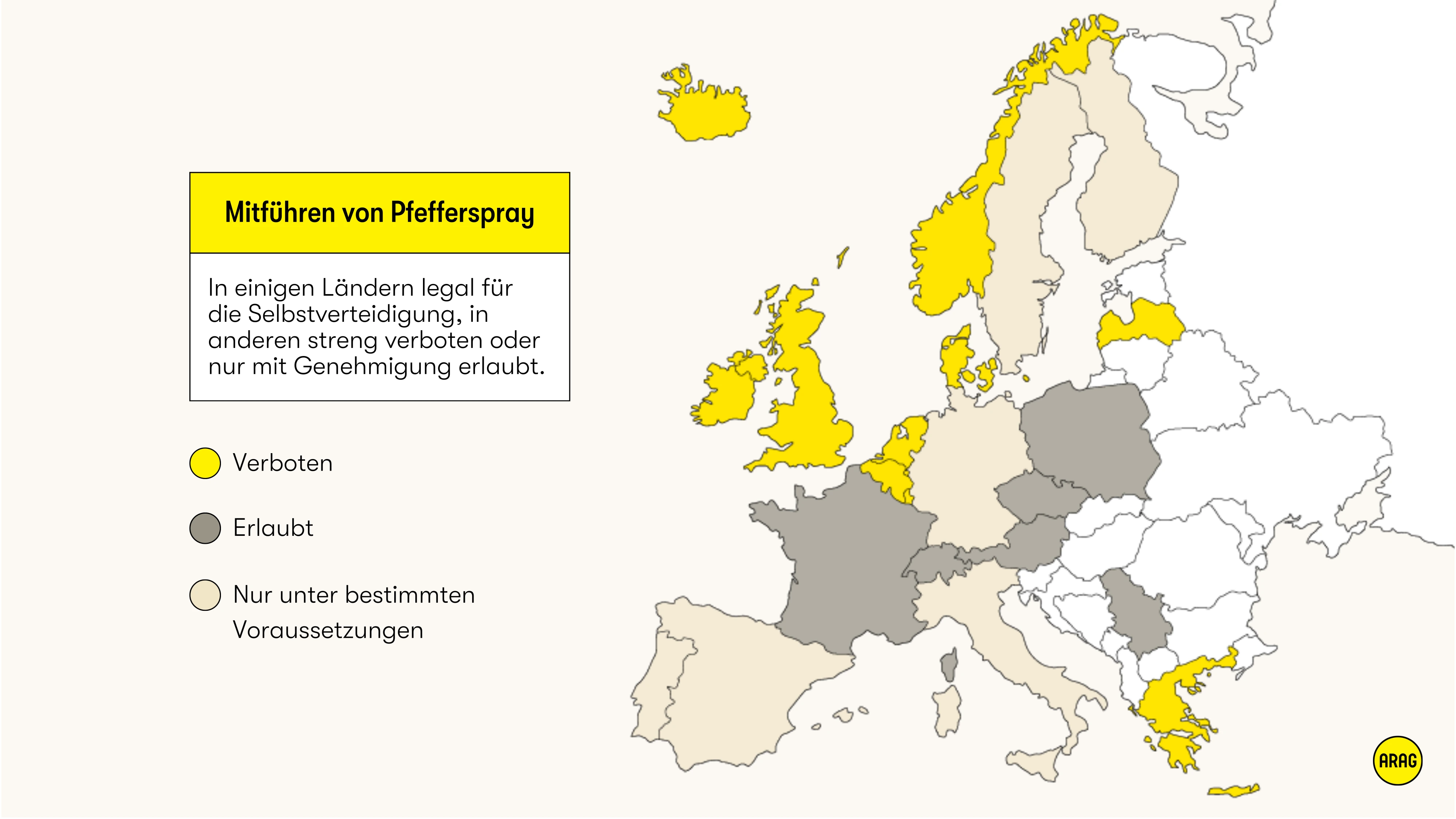 Pfefferspray in Europa ist in manchen Ländern verboten, in anderen erlaubt oder unter Auflagen zulässig.