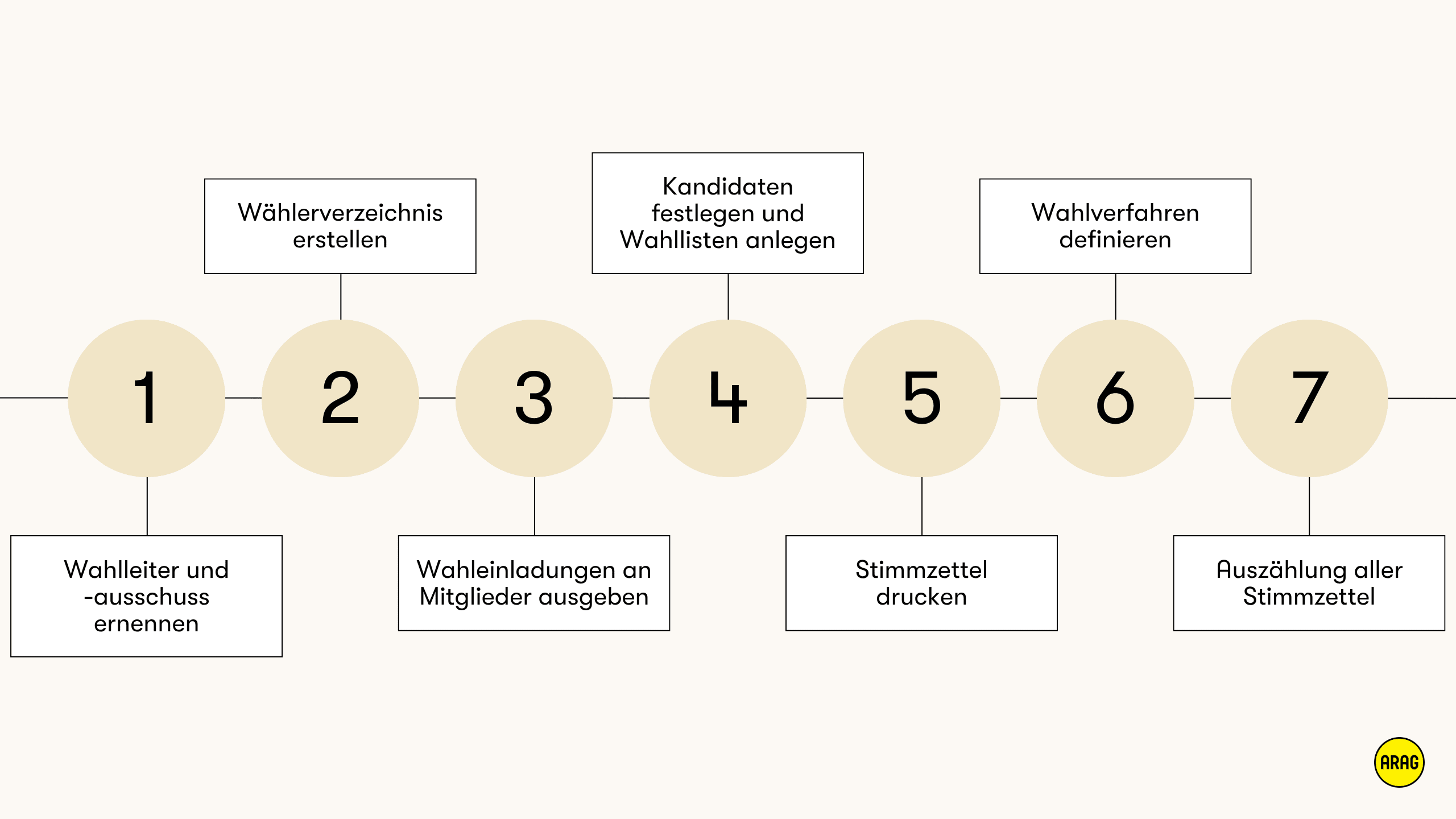 Ablaufdiagramm mit sieben nummerierten Schritten zur Wahl eines Vereinsvorstands