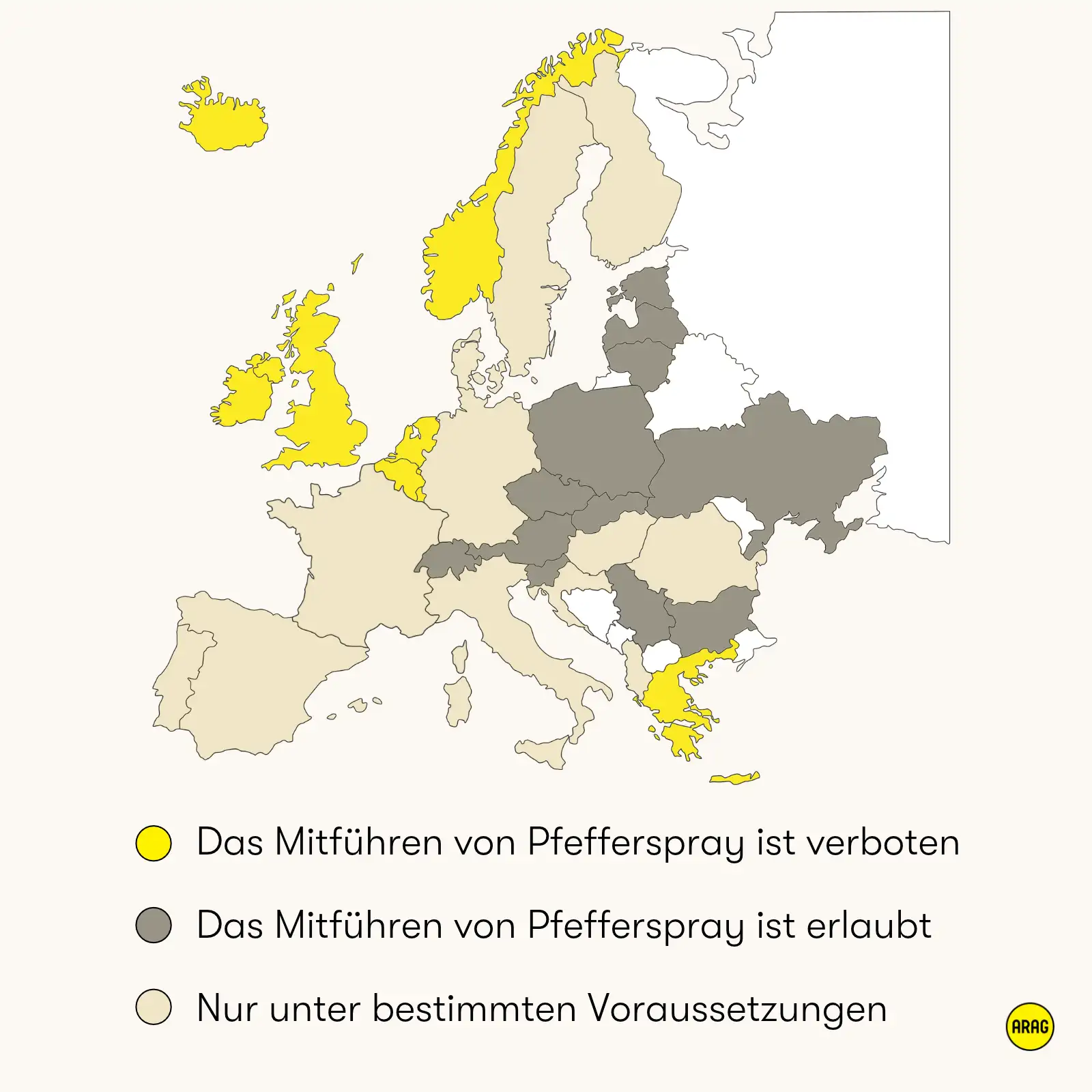 Europakarte mit Länderklassifizierung zur Legalität des Mitführens von Pfefferspray