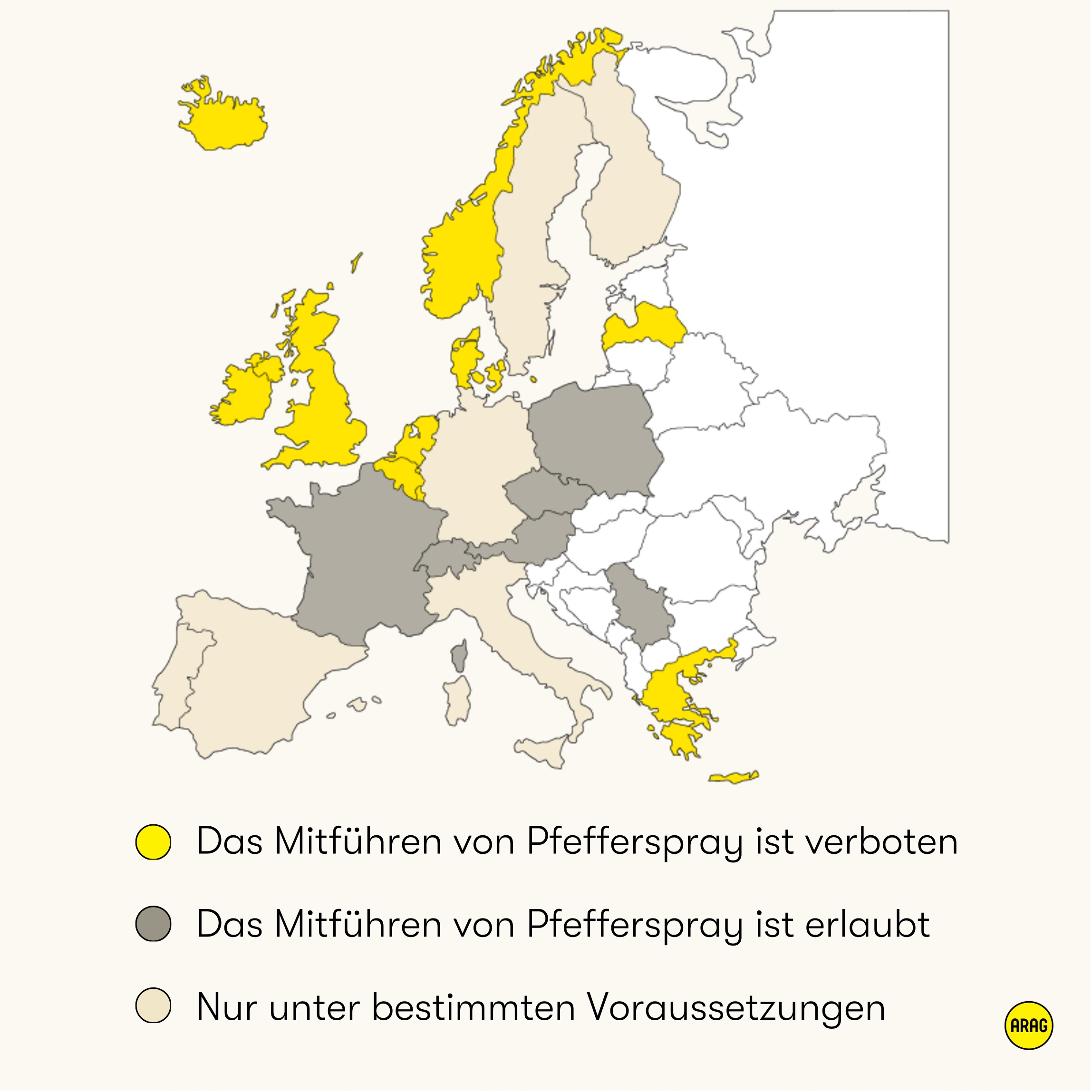 Pfefferspray in Europa ist in manchen Ländern verboten, in anderen erlaubt oder unter Auflagen zulässig.