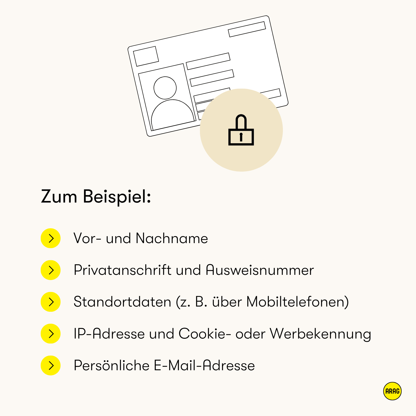 Beispielhafte Übersicht personenbezogener Daten mit Symbolen und Aufzählung.
